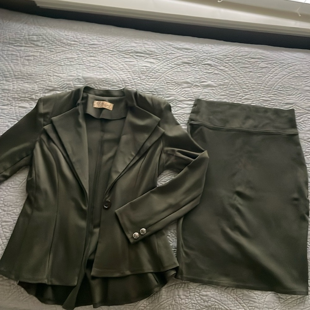 Olive green Hybrid & Company Suit jacket and pencil skirt